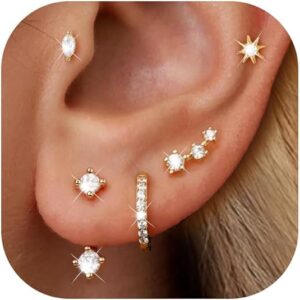 Gold Stud Earrings for Women, 6 Pairs 14K Gold Hypoallergenic Cartilage