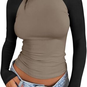 Trendy Queen Women's Long Sleeve Shirts Slim Fit Stretchy Color Block