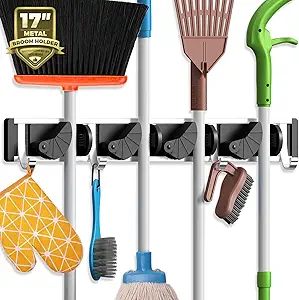 Holikme Mop Broom Holder Wall Mount Metal Pantry Organization and Storage Garden