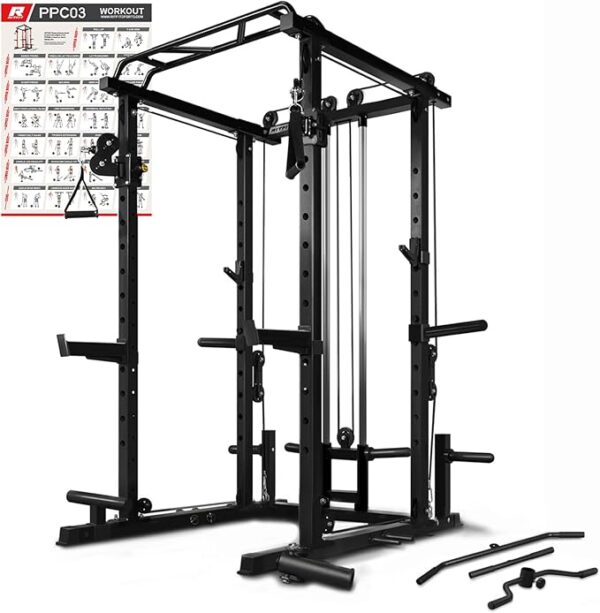 RitFit Multi-Function Squat Rack Power Cage PPC03 with Cable Crossover System,