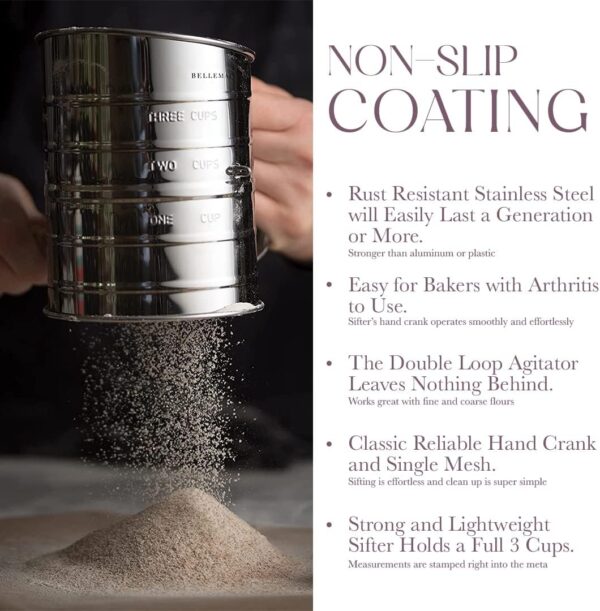 Bellemain 3 Cup Flour Sifter for Baking Fine Mesh Rotary Hand Crank - Image 3