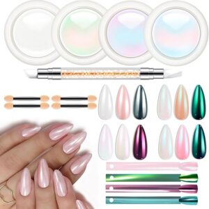 modelones Chrome Nail Powder, 4 Colors Magic White Mermaid Pearl