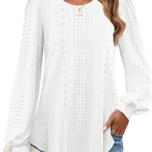 ZESICA Long Sleeve Eyelet Tops for Womens Crew